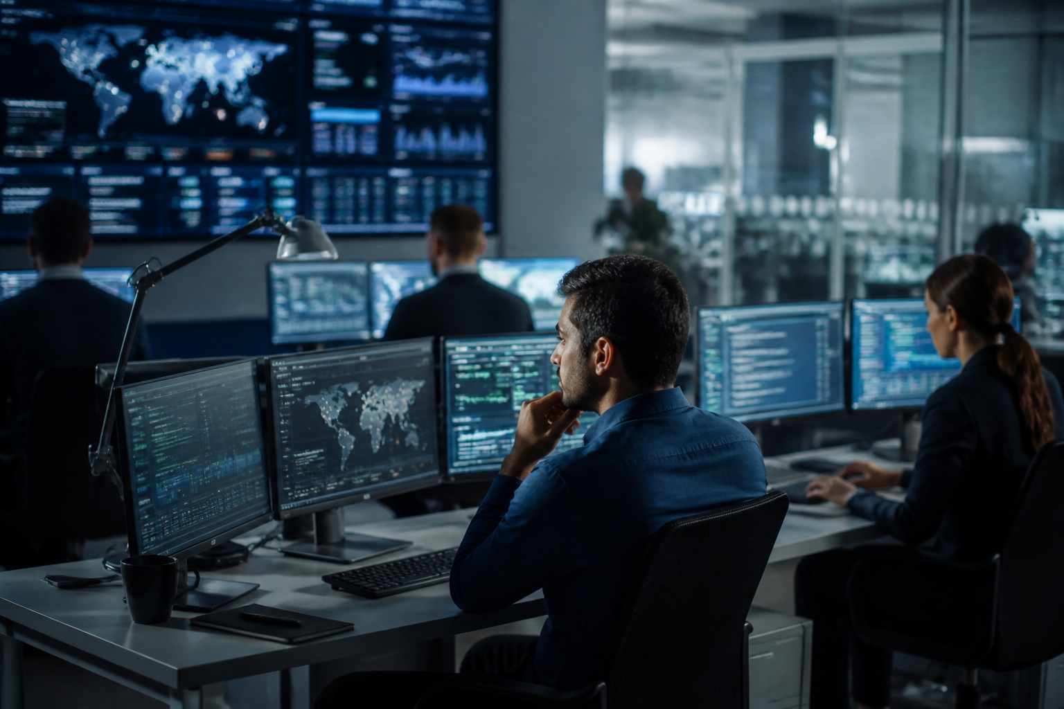 A team of cybersecurity experts monitoring multiple screens in a Security Operations Center