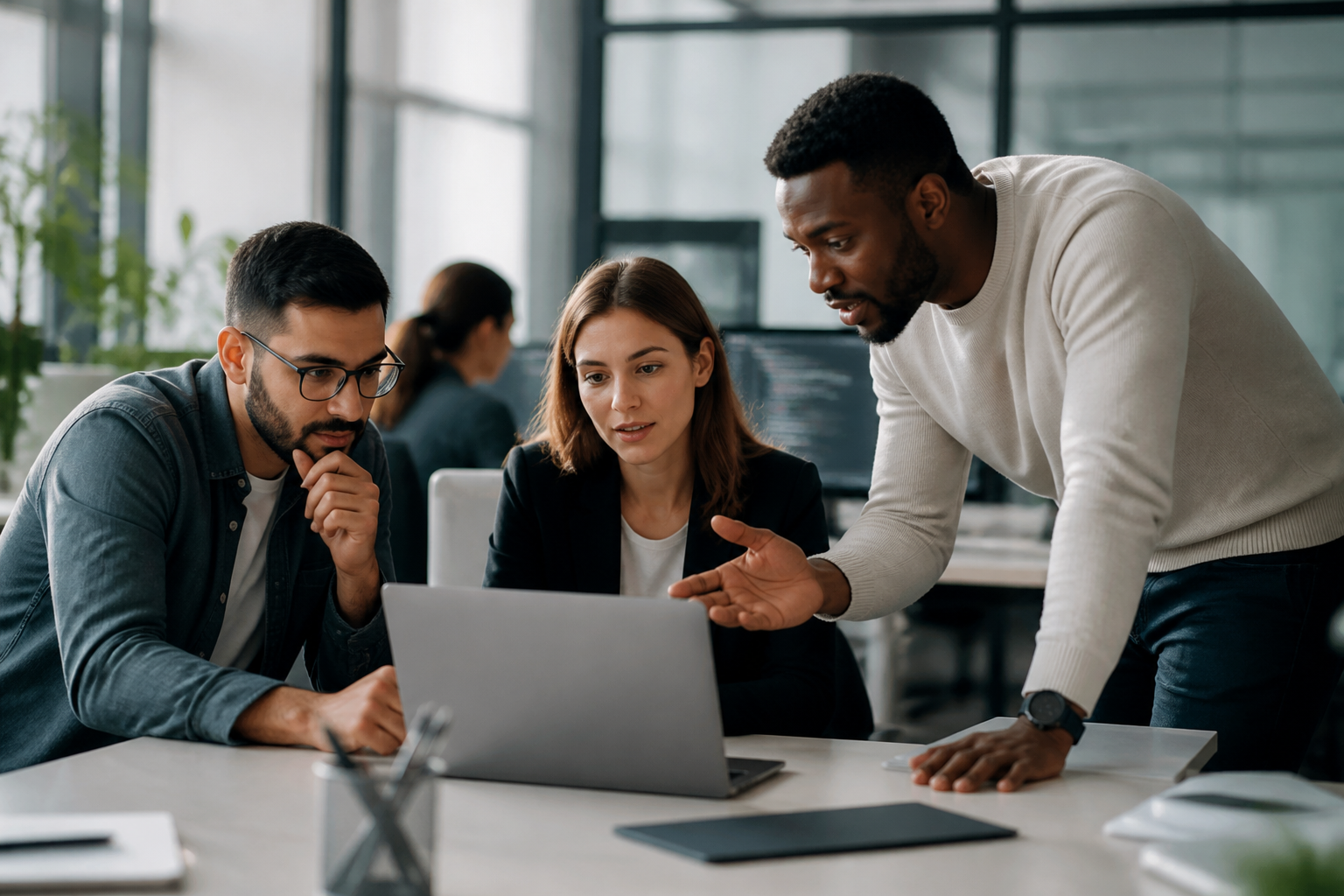 A team of IT professionals collaborating in an office setting
