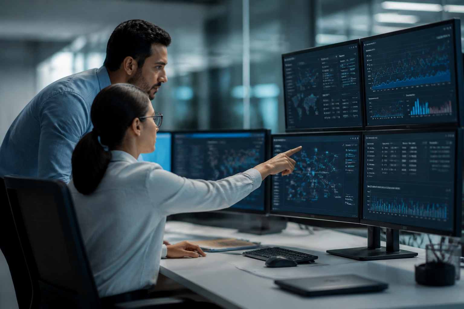 A team of IT professionals monitoring multiple screens showing network performance and security.