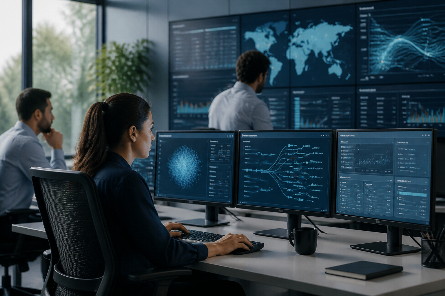 A team of IT professionals monitoring multiple screens with data and network visualizations.