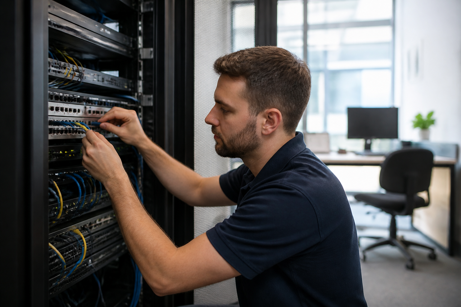 A technician working on a server rack in a small business IT environment