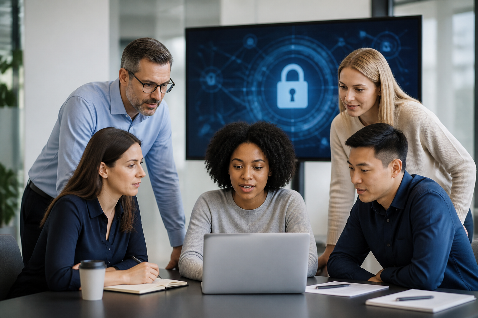 A visual of a business team collaborating on cybersecurity training, emphasizing employee awareness.