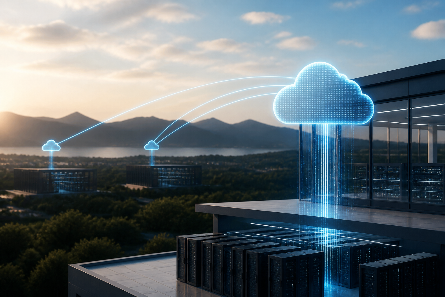A visual representation of cloud backup infrastructure, showing data replication across geographically dispersed data centers.