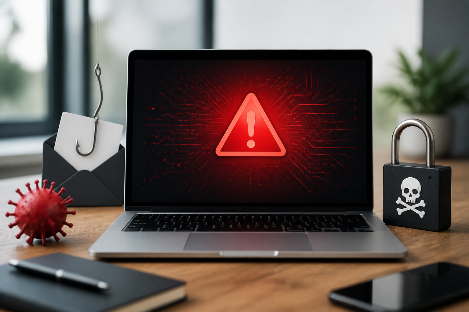 A visual representation of various cyber threats like malware, phishing, and ransomware