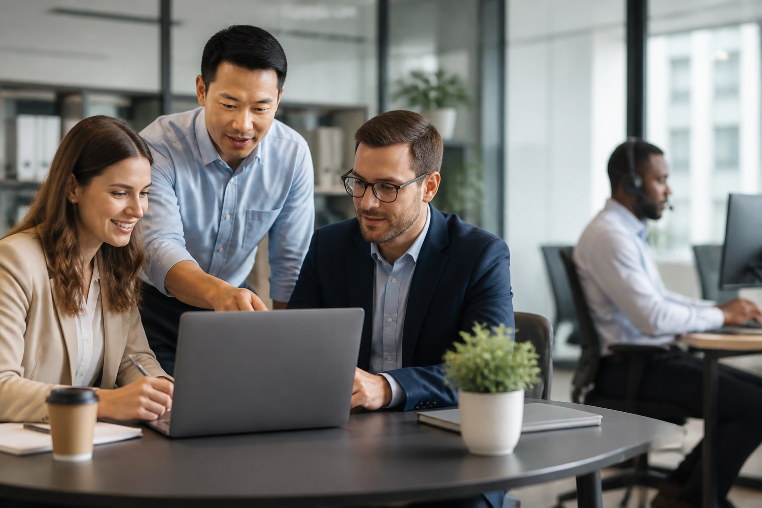 Business professionals collaborating in an office while managed services handle IT tasks.