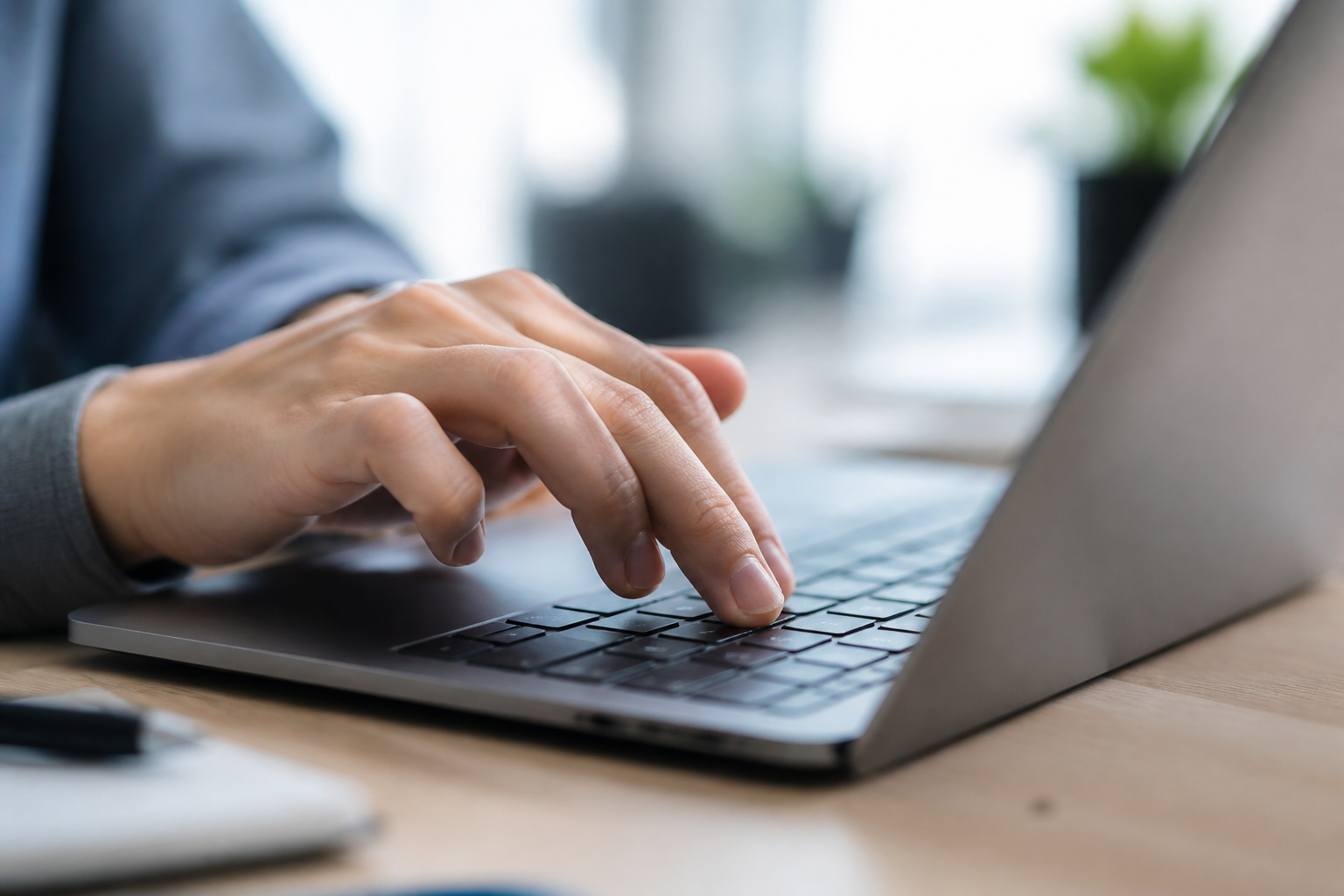 Close-up of a hand typing on a laptop keyboard