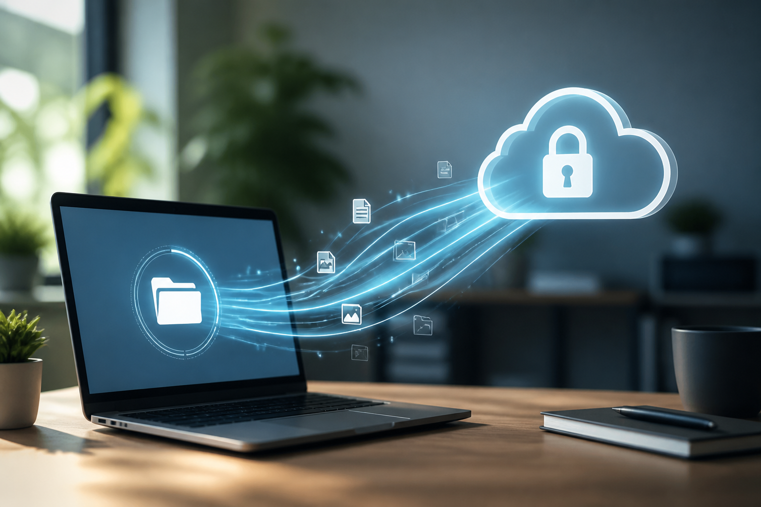 Data backup and recovery illustration with data flowing to secure cloud storage.