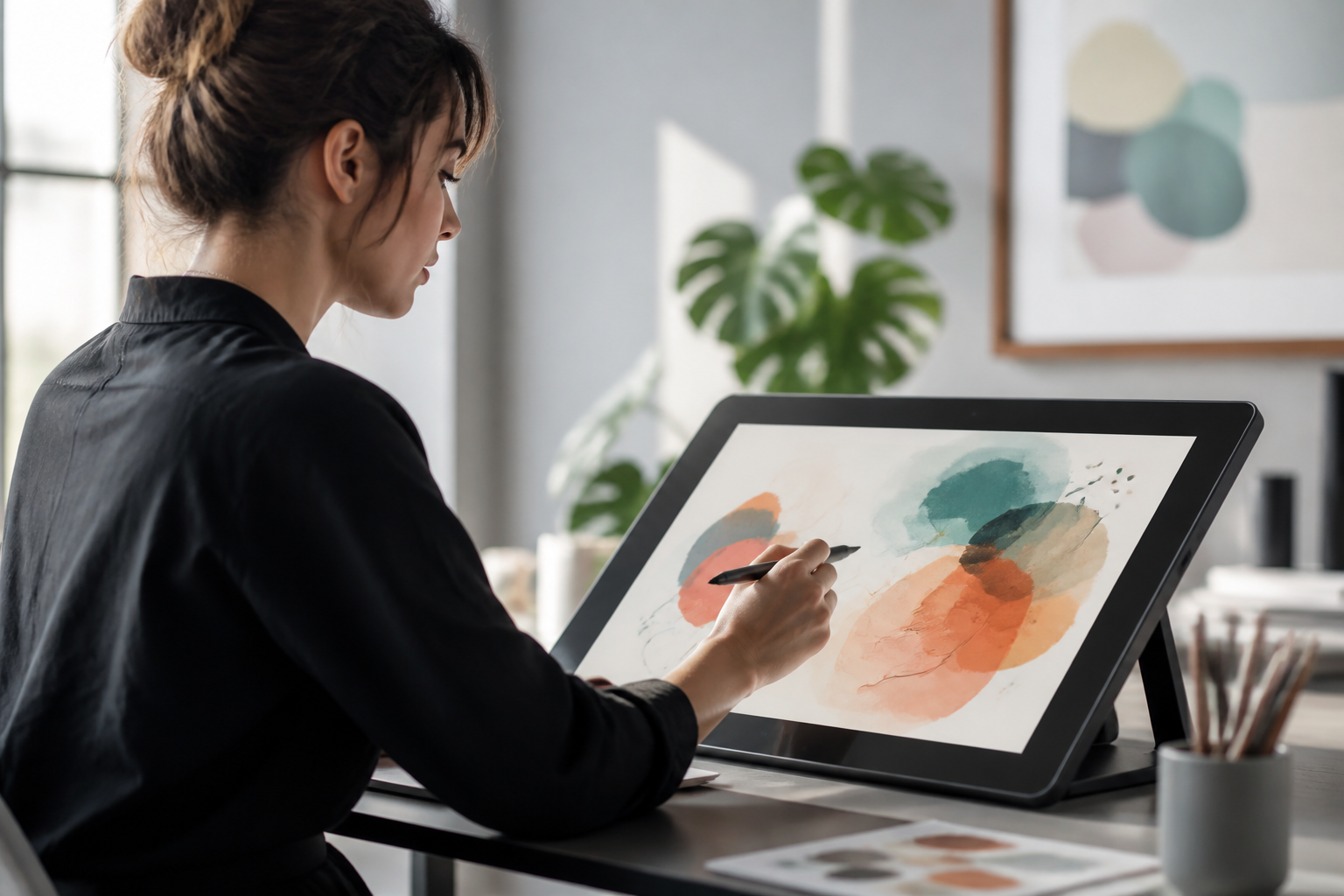 Digital artist working on a tablet with abstract art on screen, representing creative intellectual property