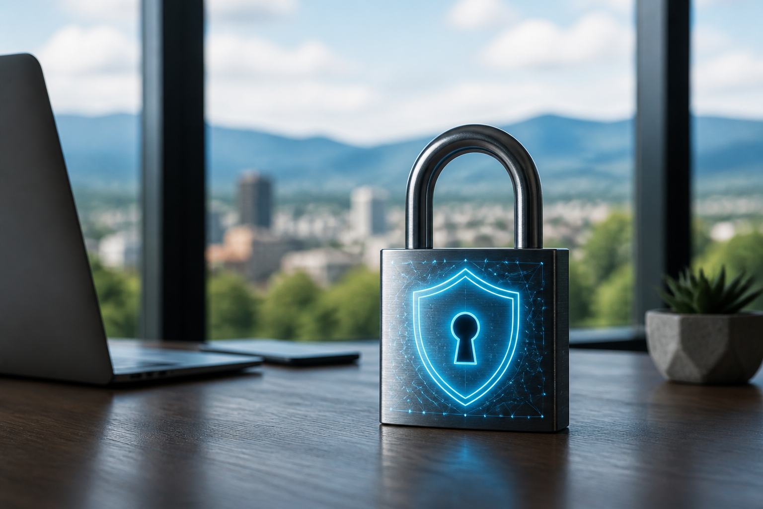 Digital padlock symbolizing strong cybersecurity for businesses in Asheville