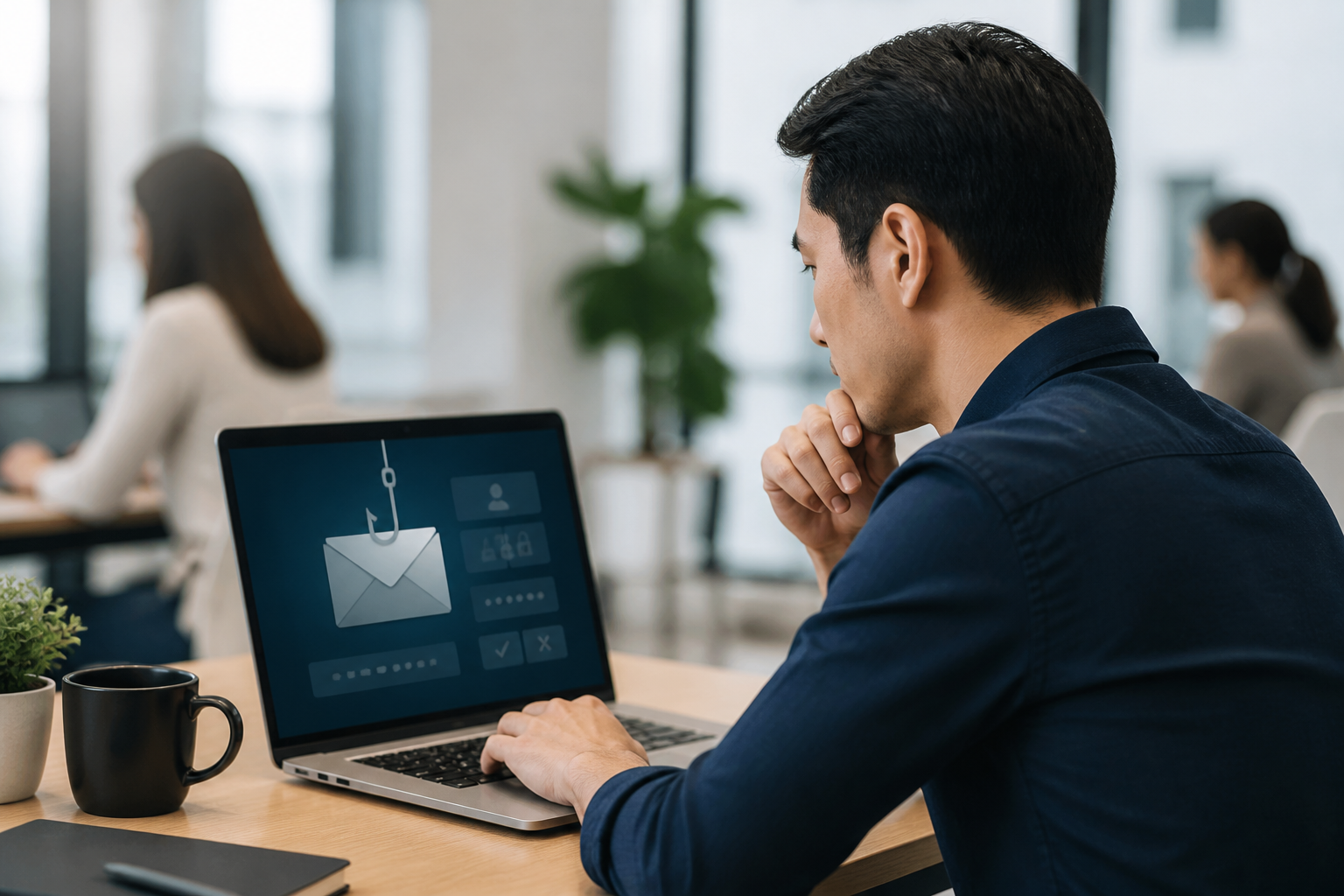 Employee engaging in a cybersecurity awareness training simulation