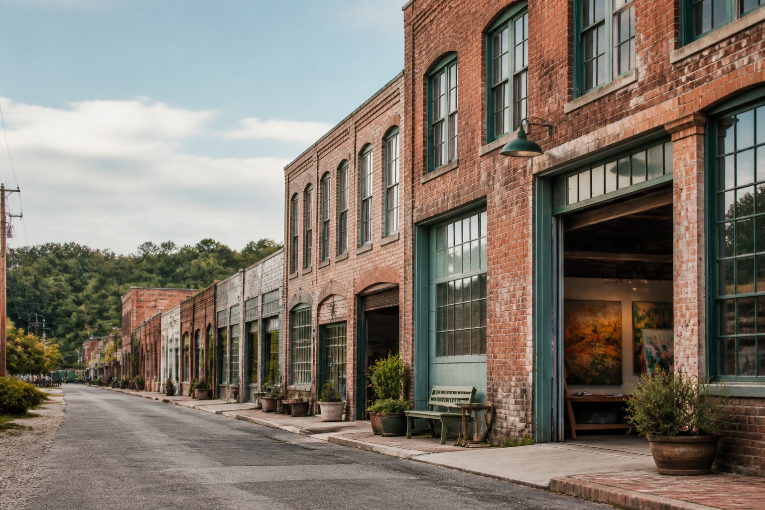 Historic brick buildings and art studios lining a street in Asheville's River Arts District