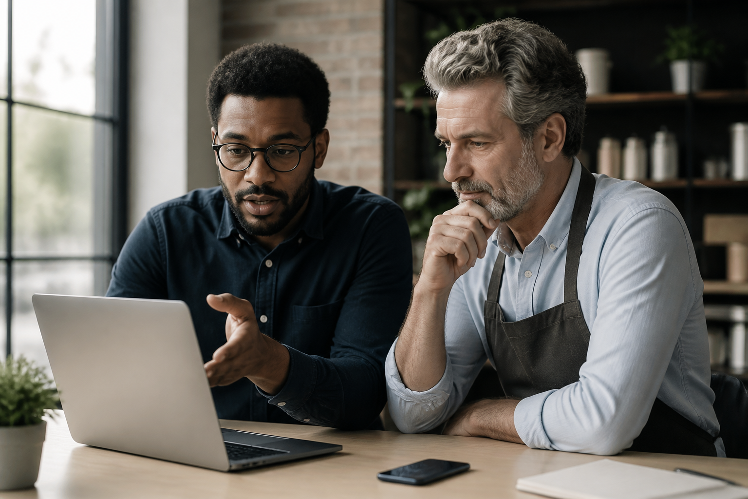 IT expert assisting a small business owner with cybersecurity on a laptop
