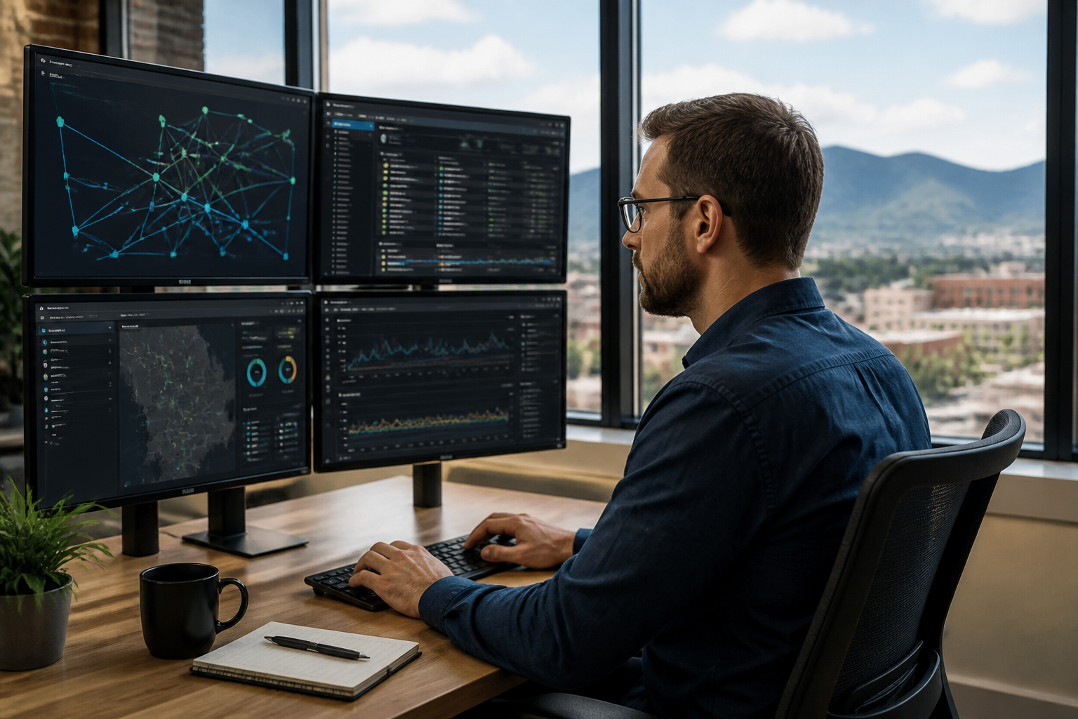 IT professional monitoring network infrastructure on multiple screens in an Asheville office