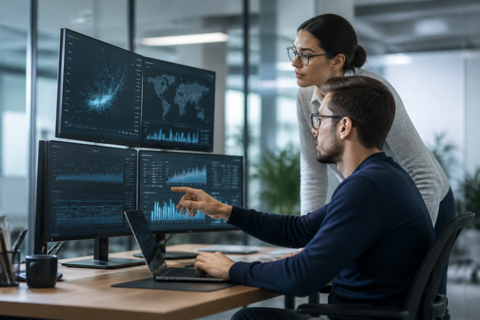 IT professionals analyzing data on multiple screens