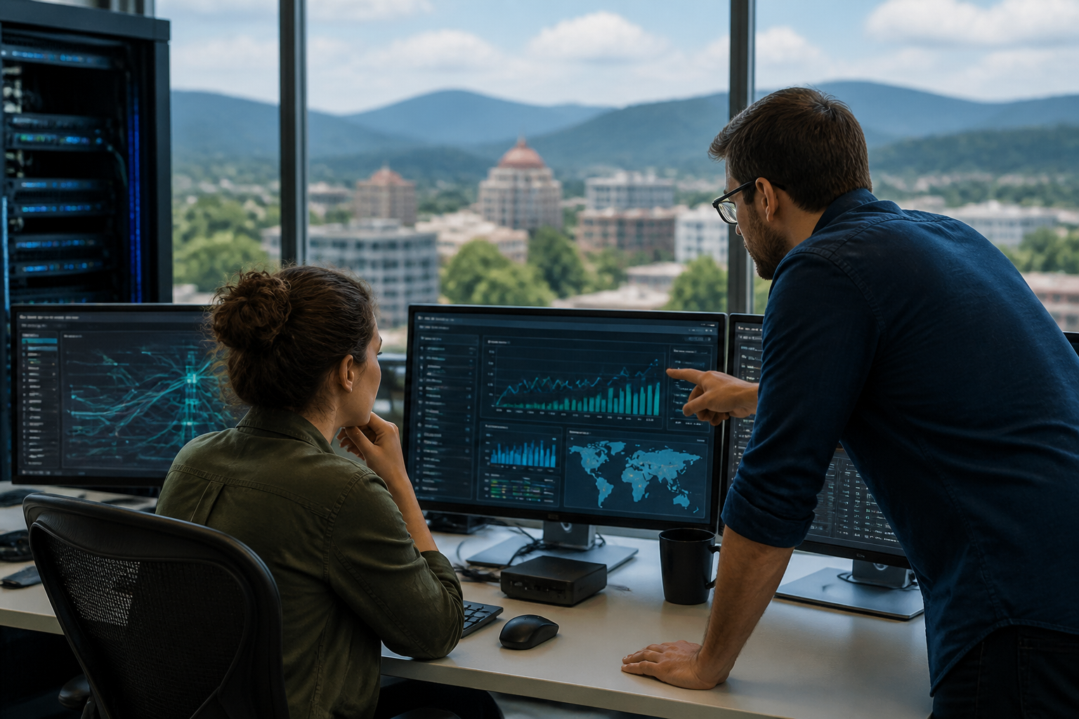 IT professionals monitoring network performance in Asheville