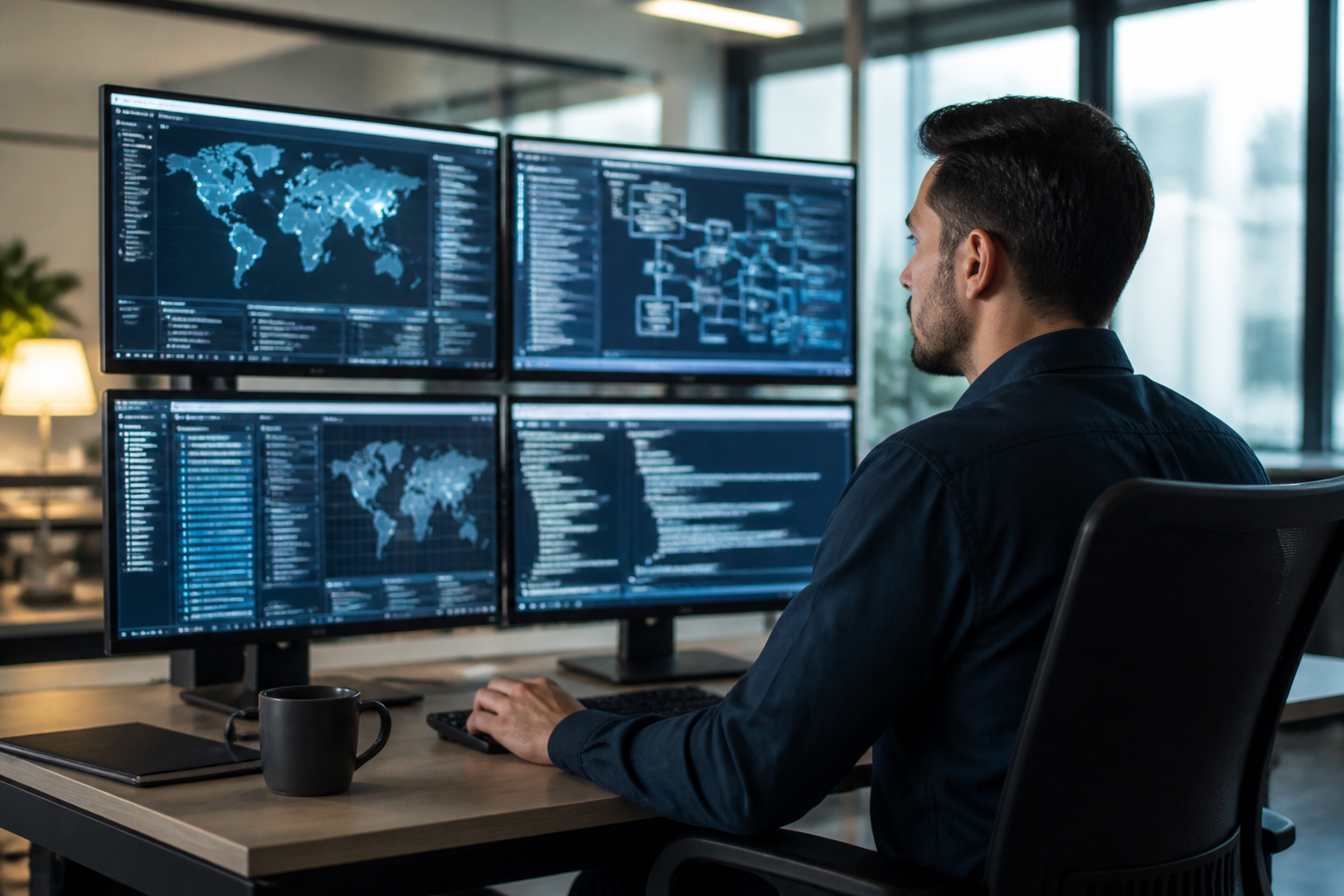 IT security professional monitoring multiple screens for threats
