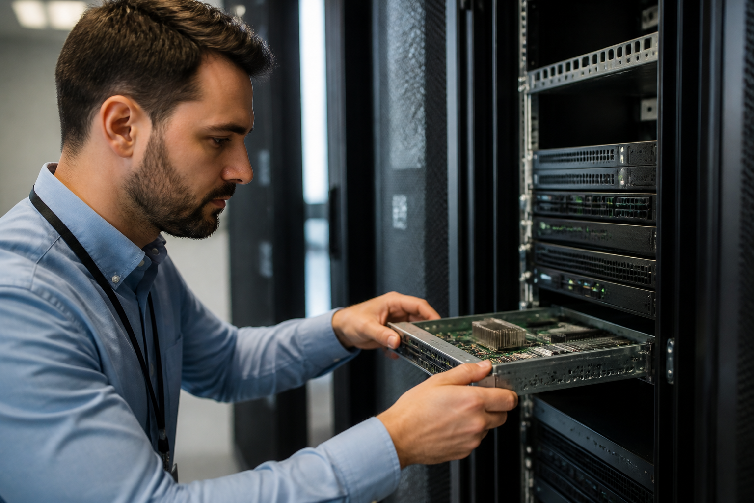 IT specialist examining server hardware components