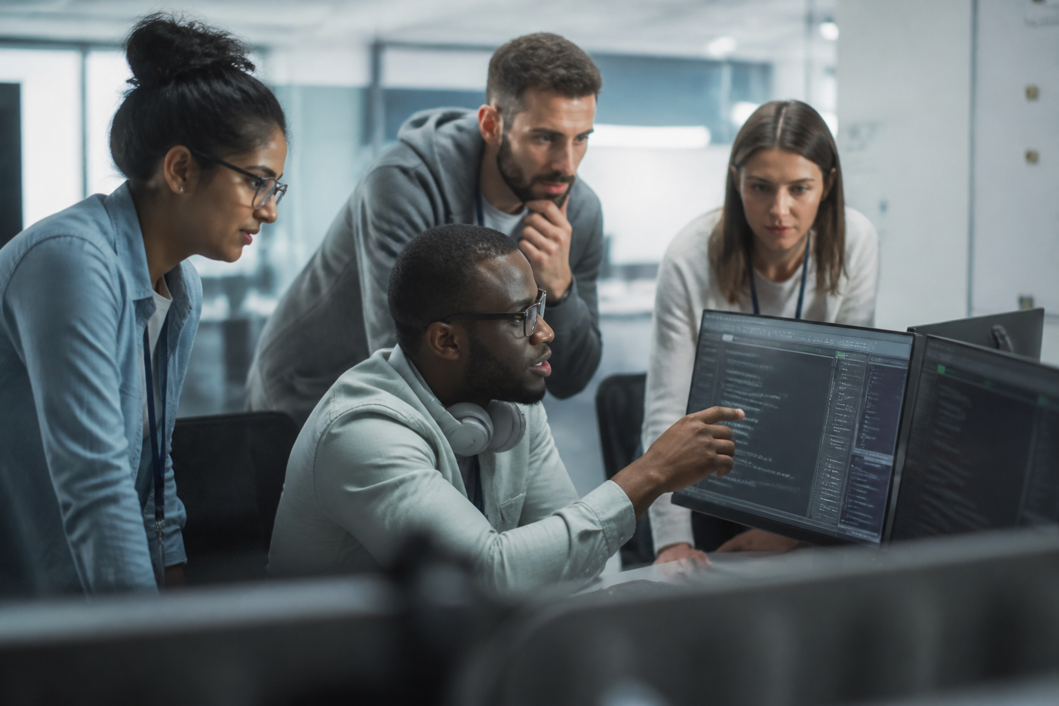 IT support team collaborating to resolve a complex technical issue