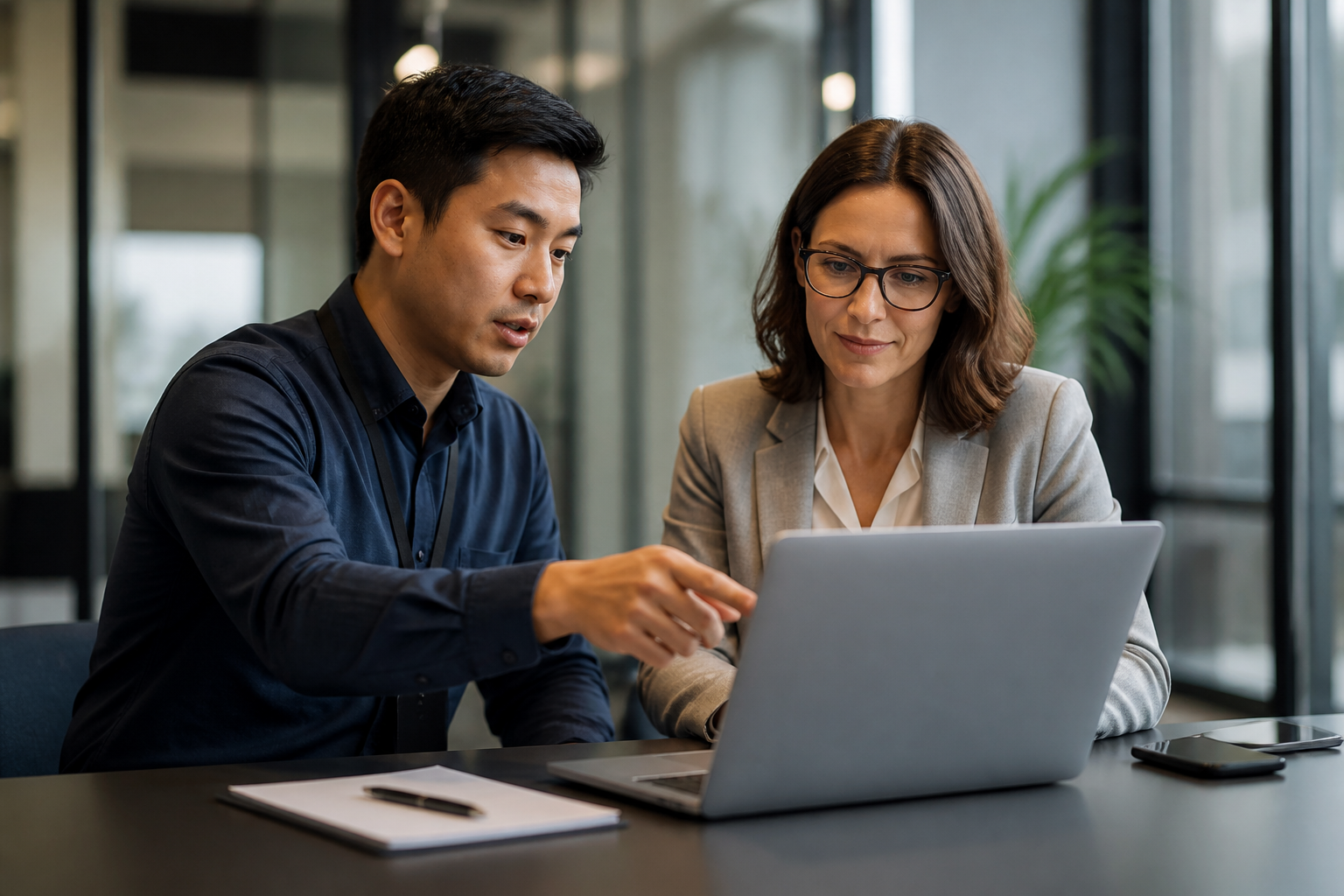IT support technician assisting a business professional with a laptop