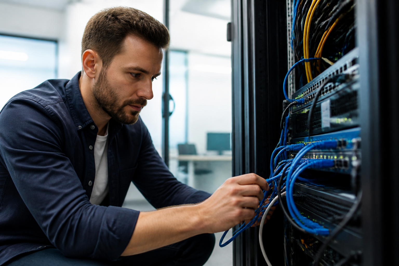 IT technician troubleshooting a network connection