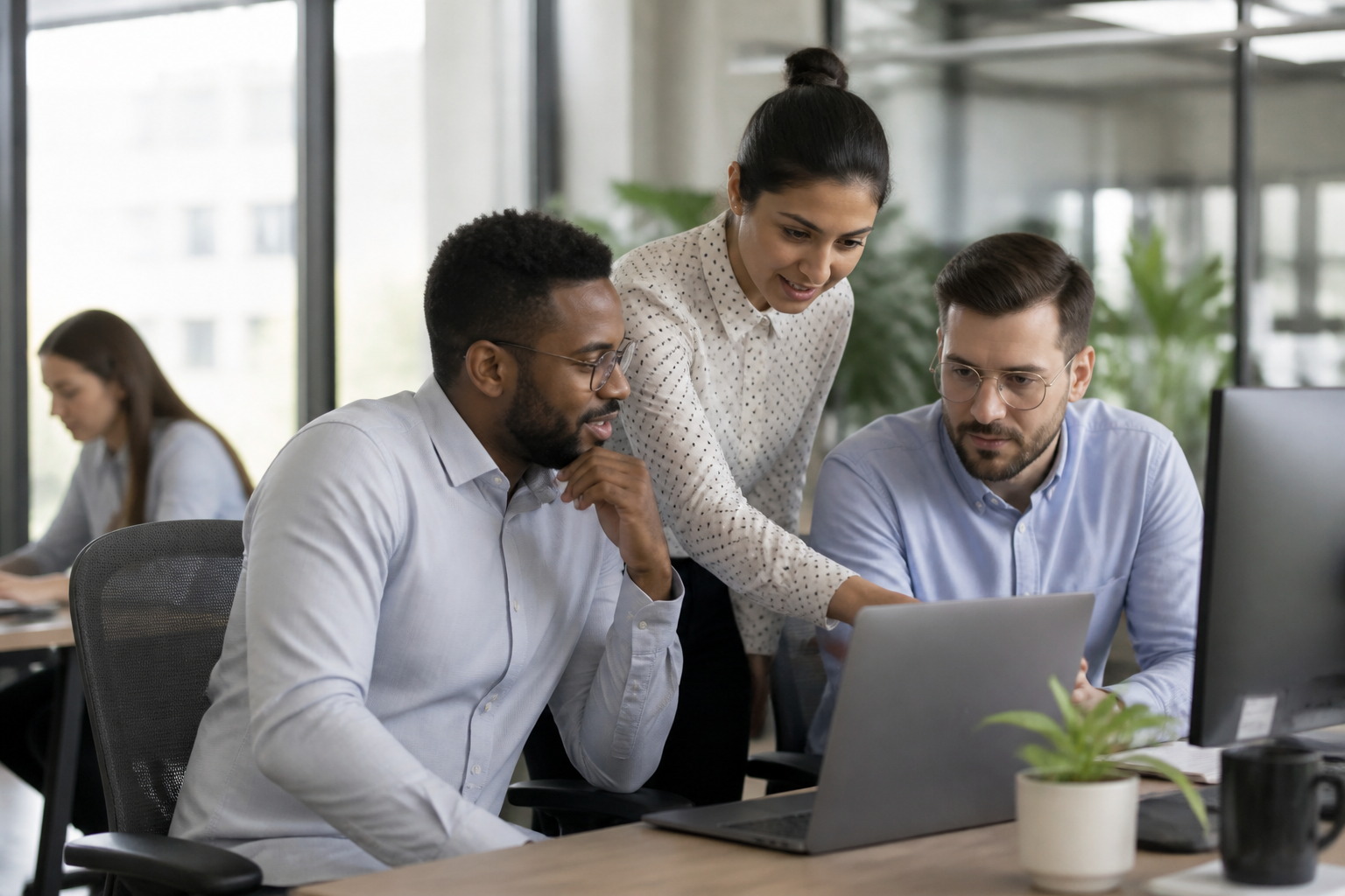 Professionals collaborating in an office, symbolizing comprehensive managed IT service support