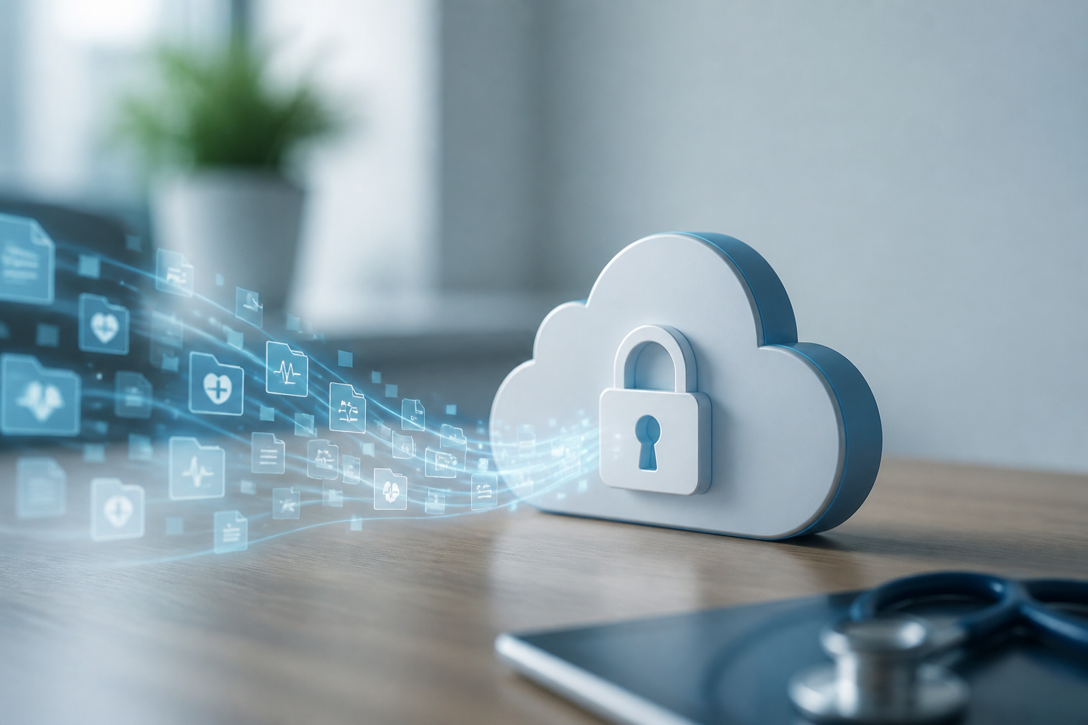 Secure cloud storage icon with patient data flowing into it