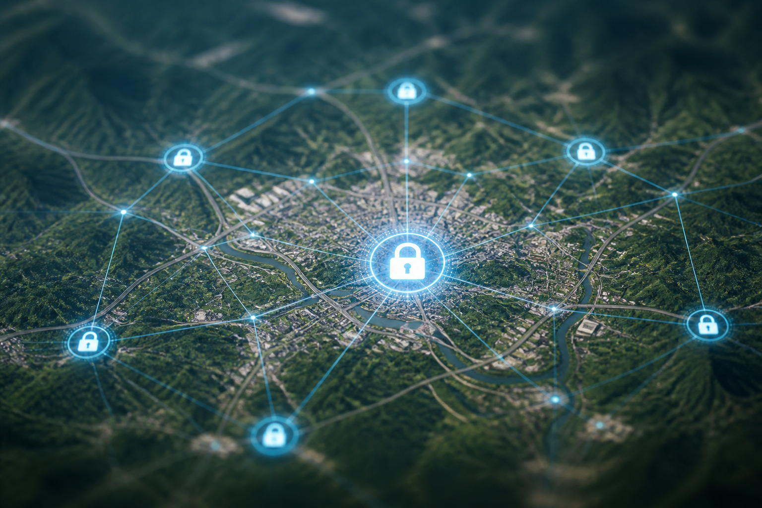 Secure network diagram overlaying a map of Asheville, NC