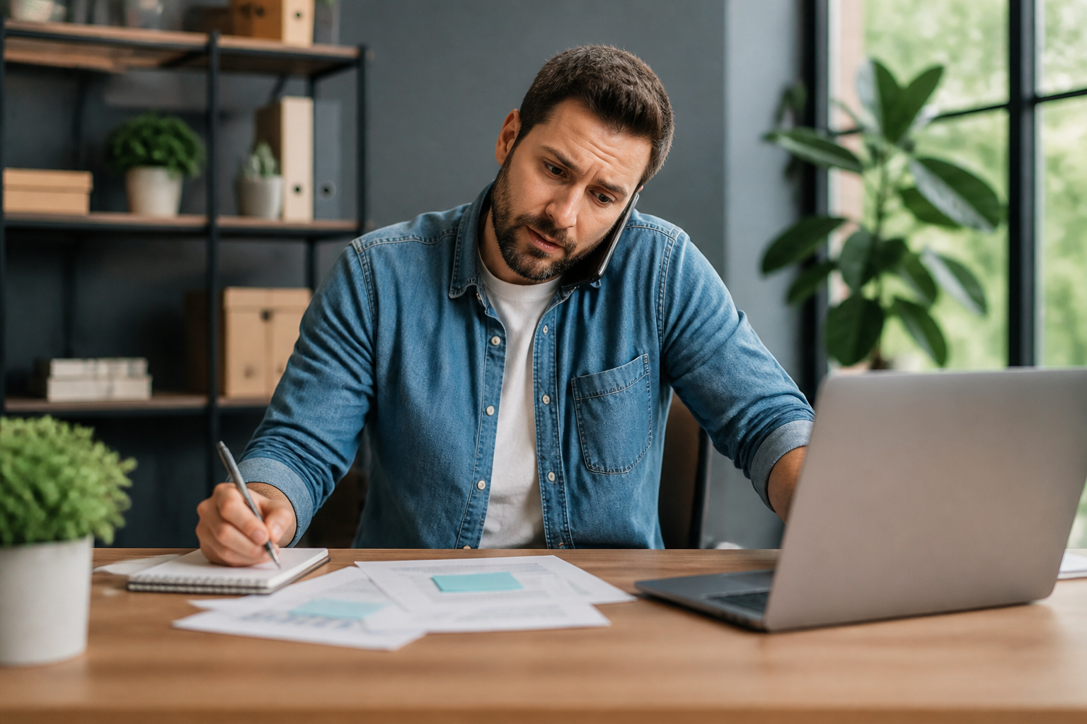 Small business owner balancing multiple IT tasks, representing DIY cybersecurity