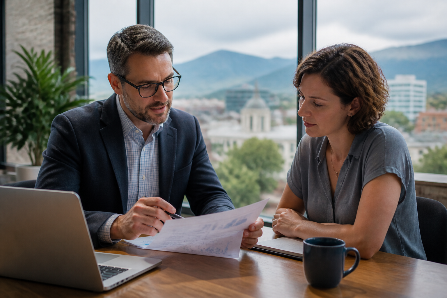 Small business owner reviewing IT budget with a managed IT service provider in Asheville