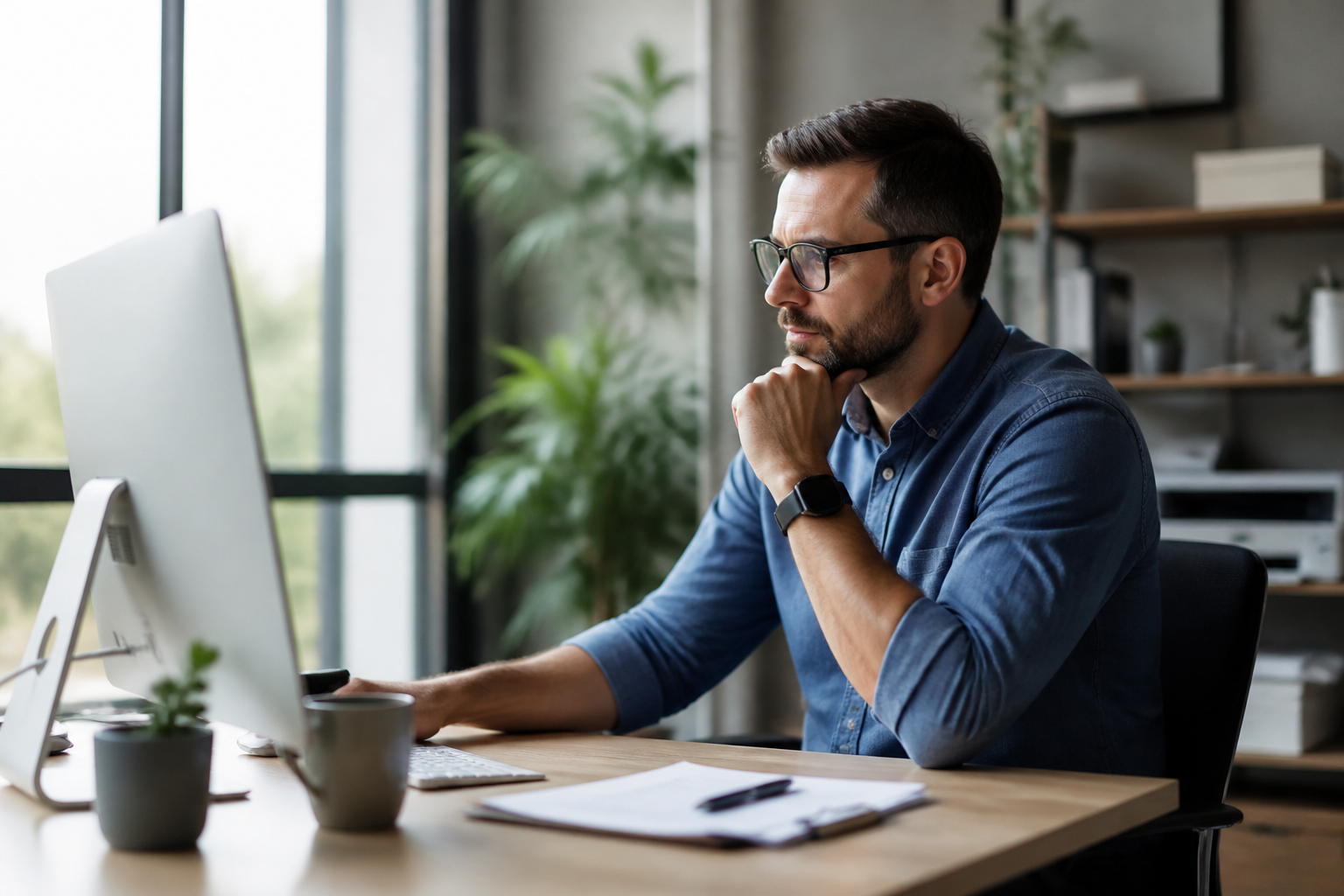 Small business owner reviewing network security settings on a computer