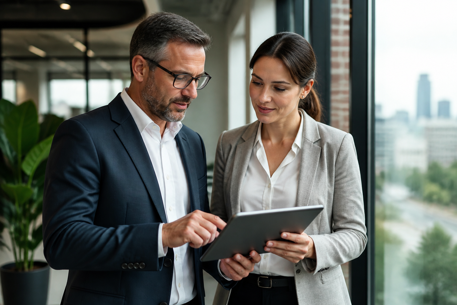 Two business professionals discussing IT security on a tablet, symbolizing local expertise