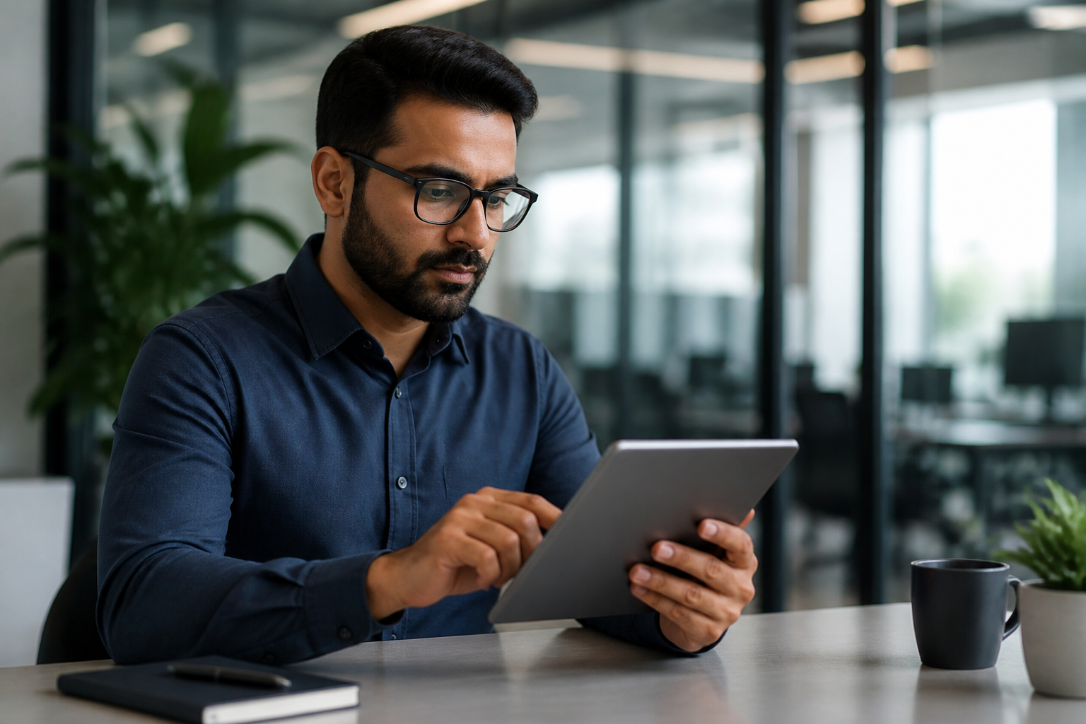 A person reviewing security protocols on a tablet in an office setting