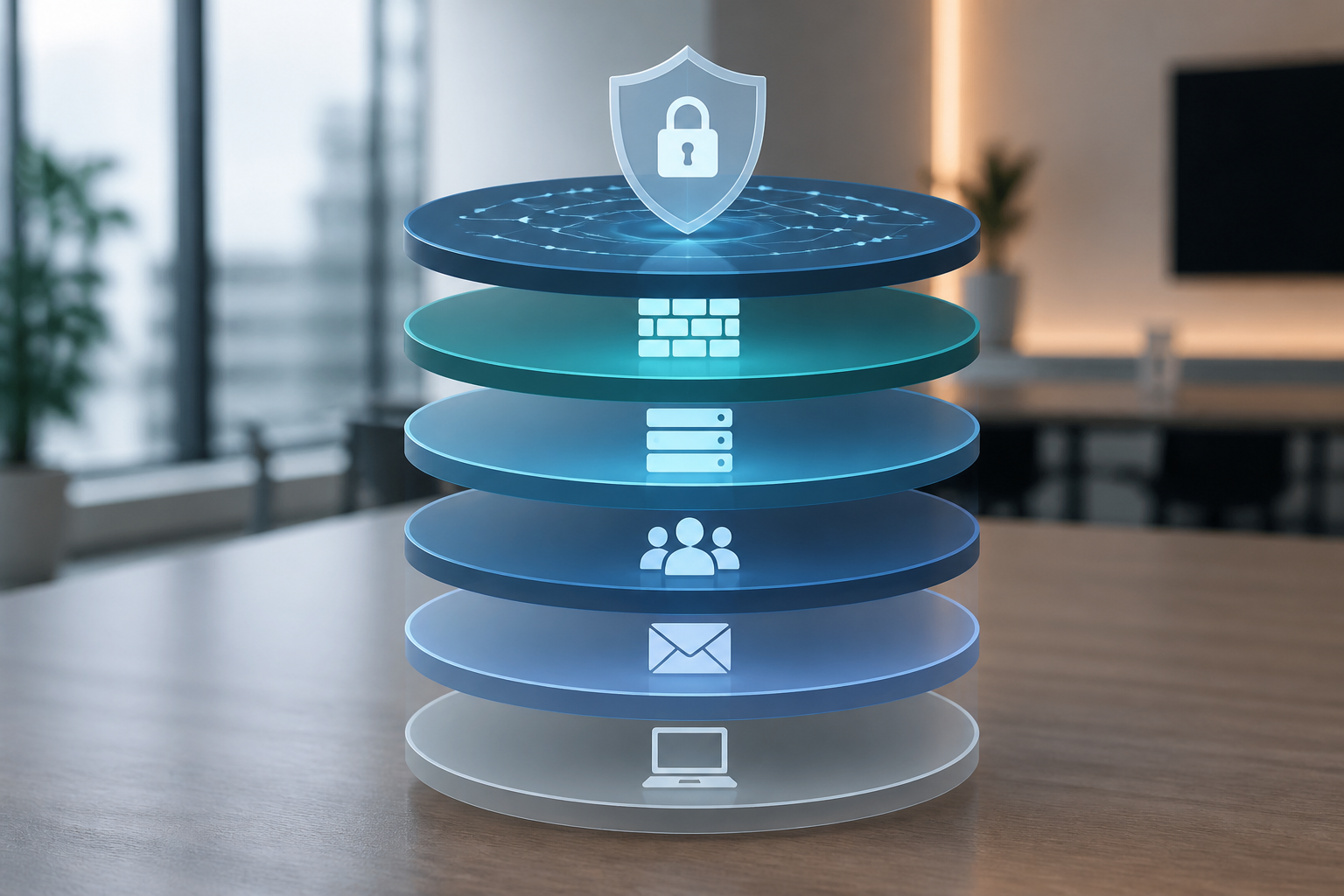 Diagram showing layers of cybersecurity protection for a business network