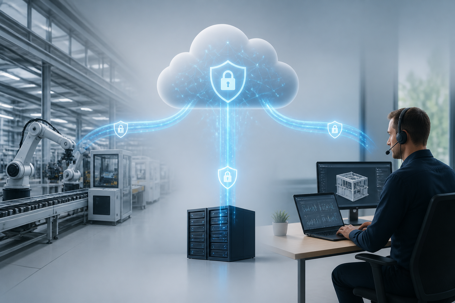 Diagram illustrating secure data flow between a manufacturing plant, cloud, and remote support