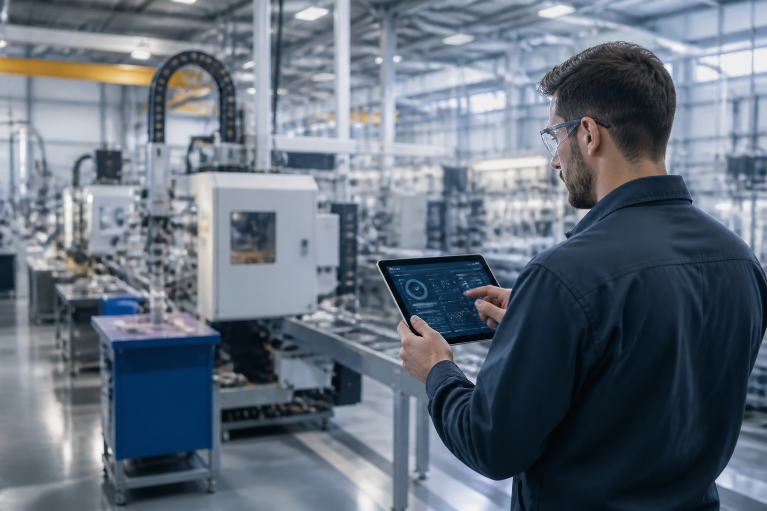 Manufacturing facility floor with various machines and a technician monitoring a digital interface