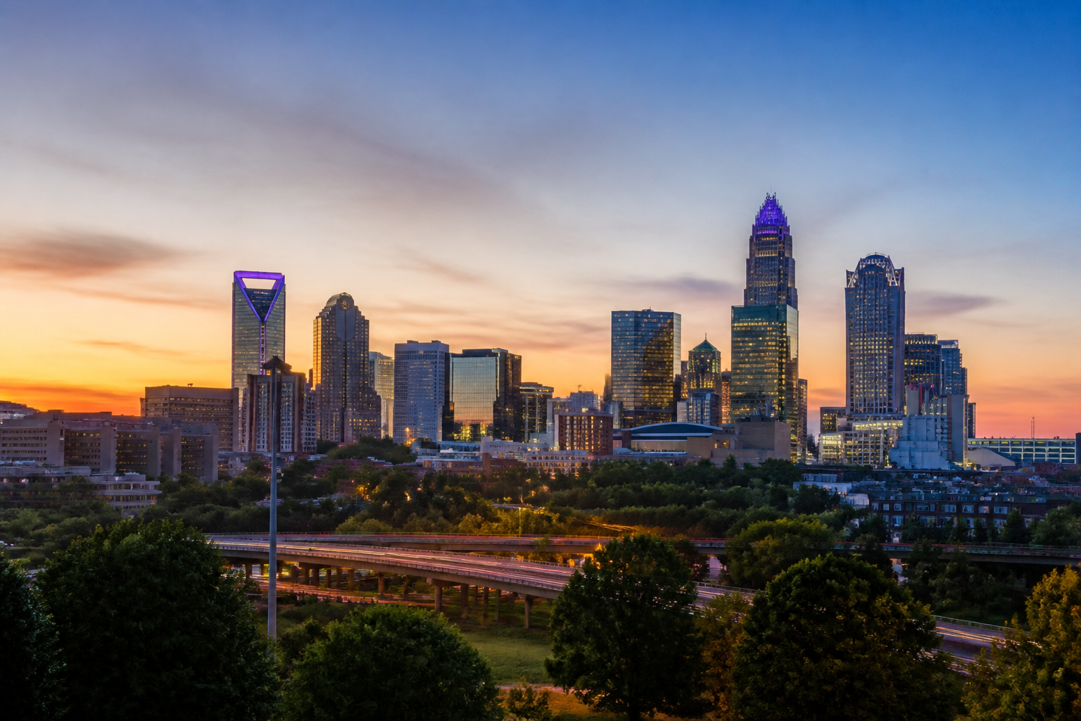 A Charlotte skyline at dusk, representing reliable IT infrastructure