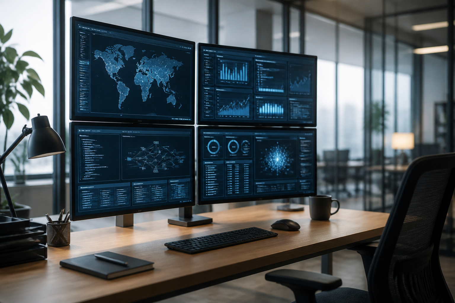 A desk with multiple monitors, symbolizing advanced IT tools and security monitoring.