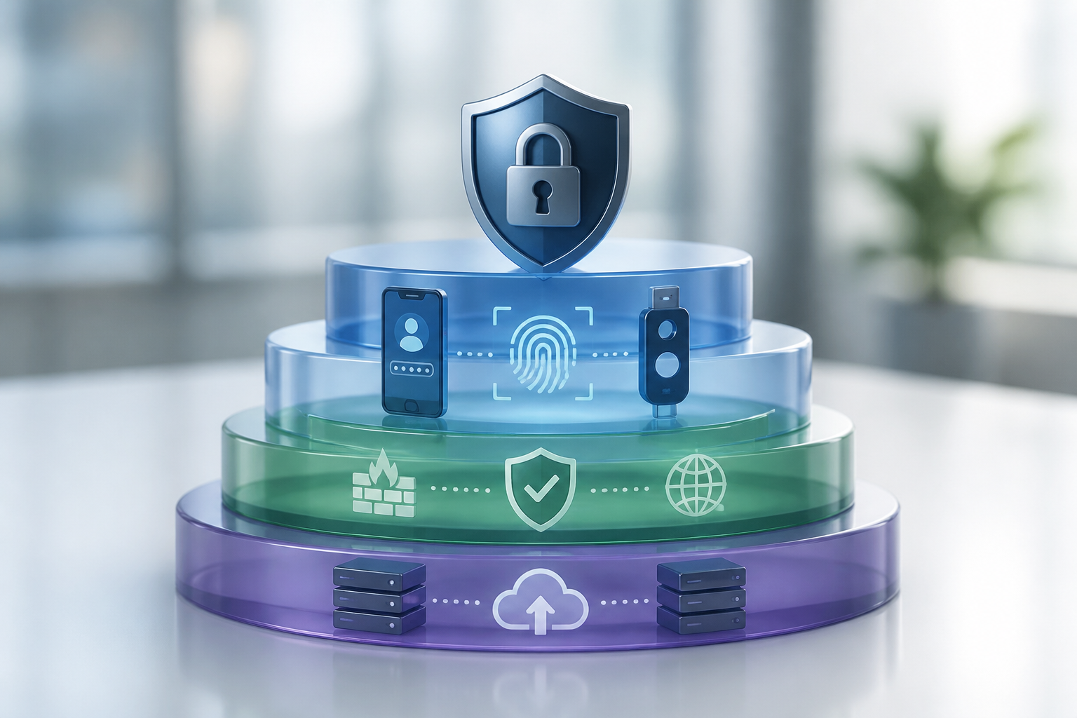 A graphic illustrating multiple layers of cybersecurity protection, including MFA and backups.