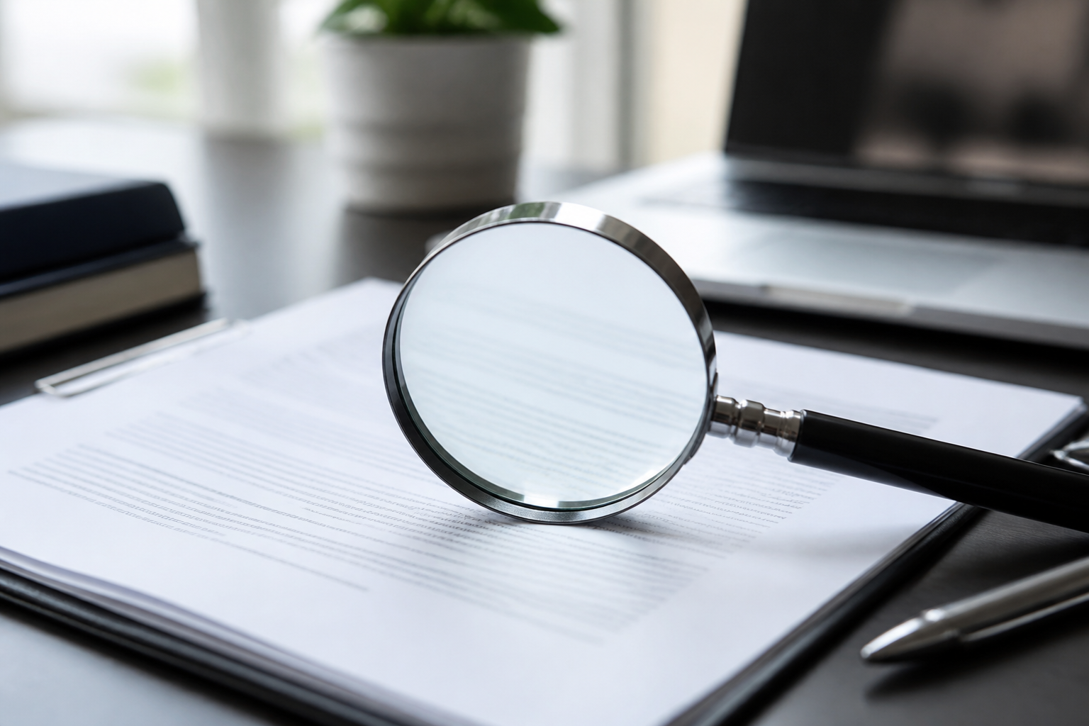 A magnifying glass over a contract, symbolizing careful review of terms
