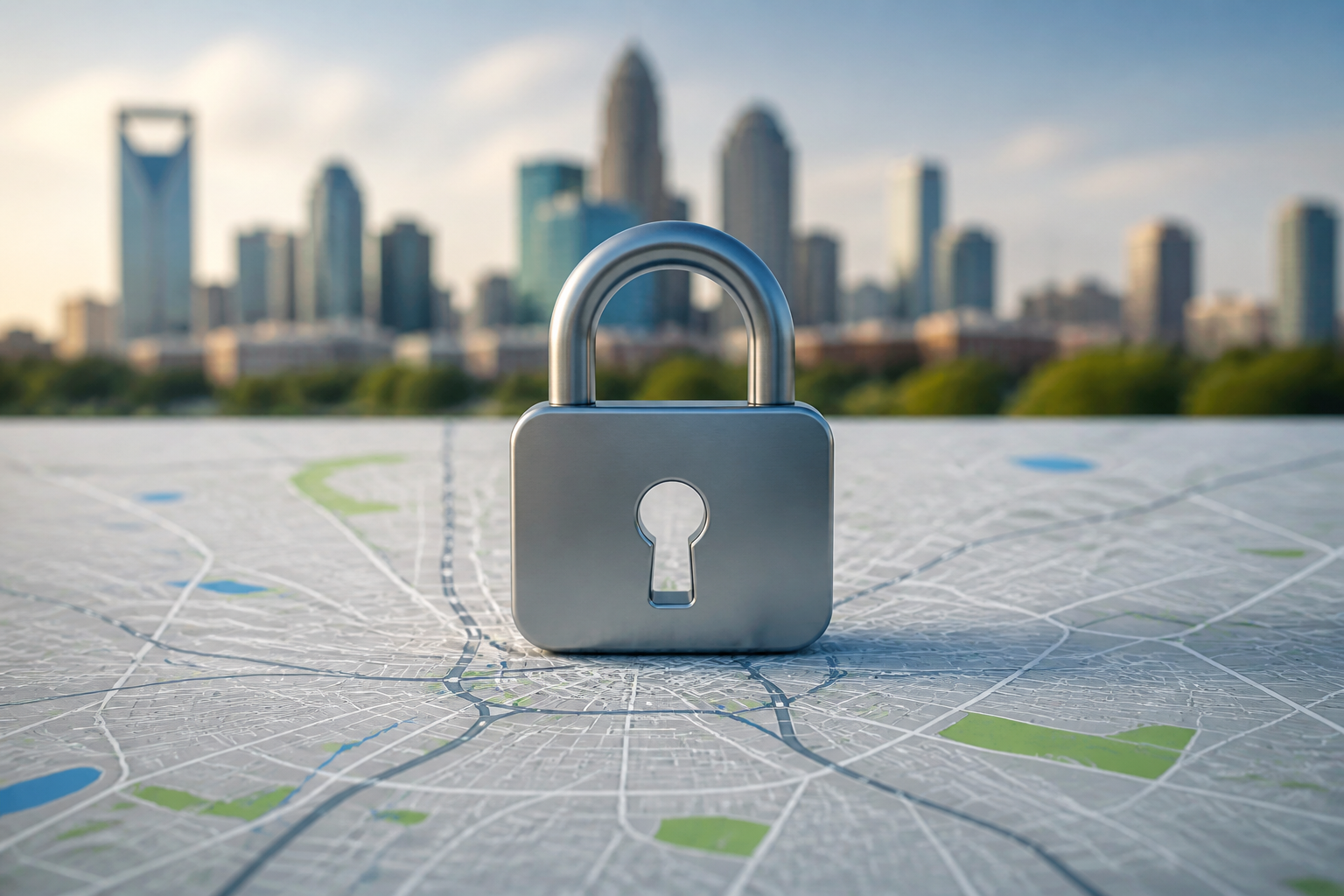 A padlock icon overlayed on a map of Charlotte, symbolizing digital security for local businesses.