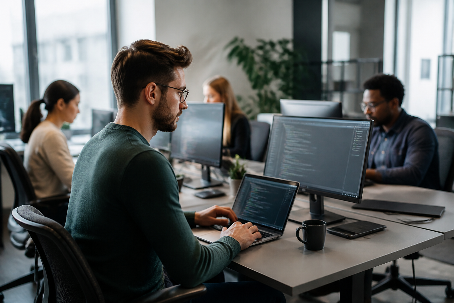 A team of IT professionals working on various computers in an office