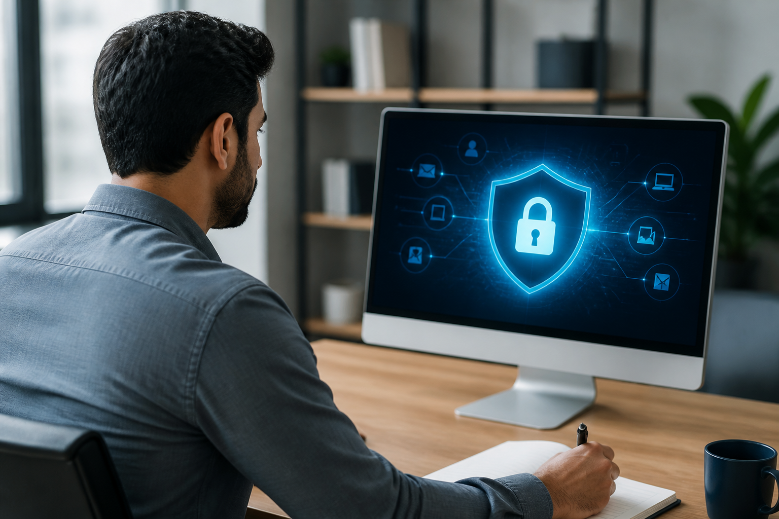 An employee participating in a cybersecurity awareness training session on a computer.