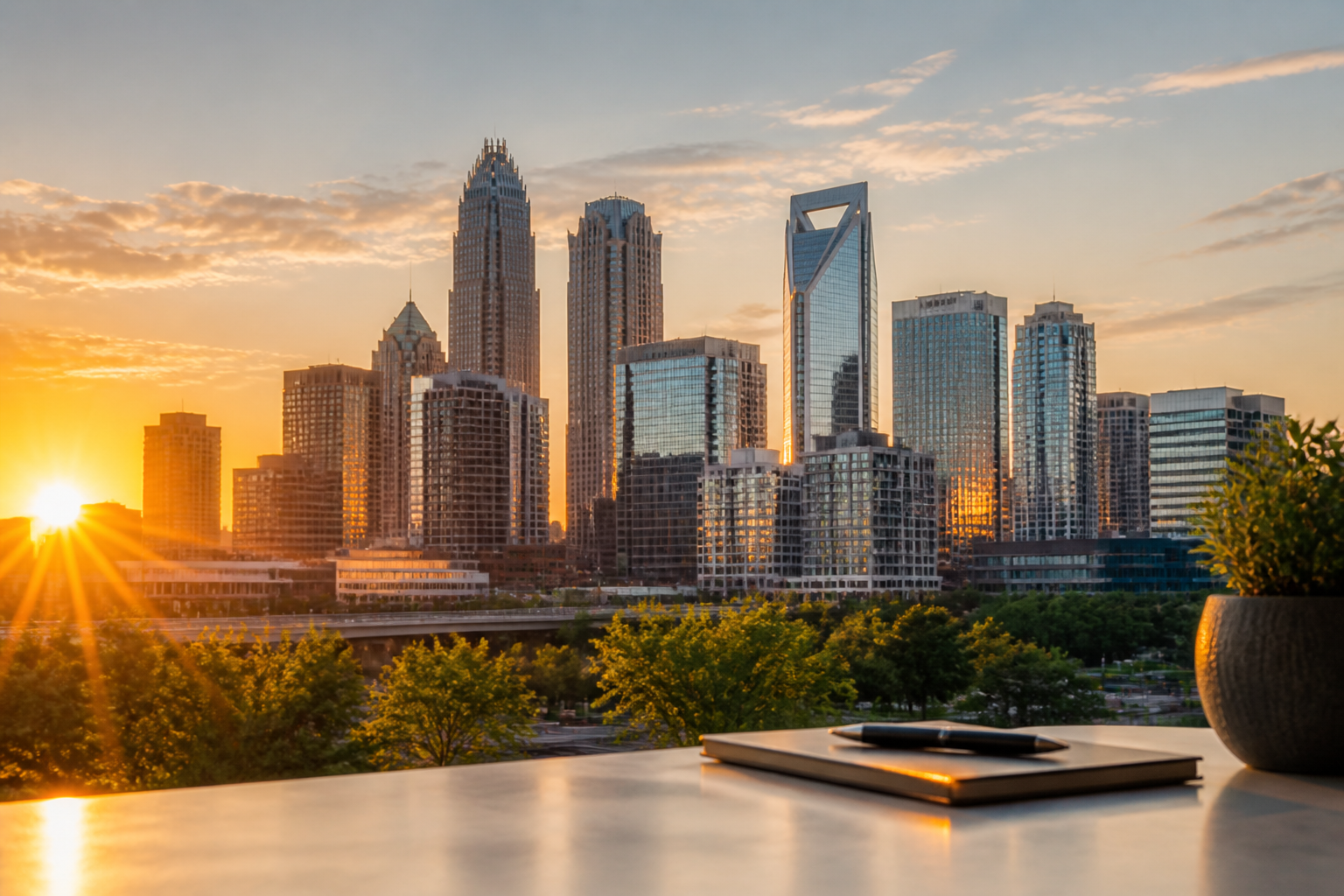 Charlotte skyline at sunset representing business growth
