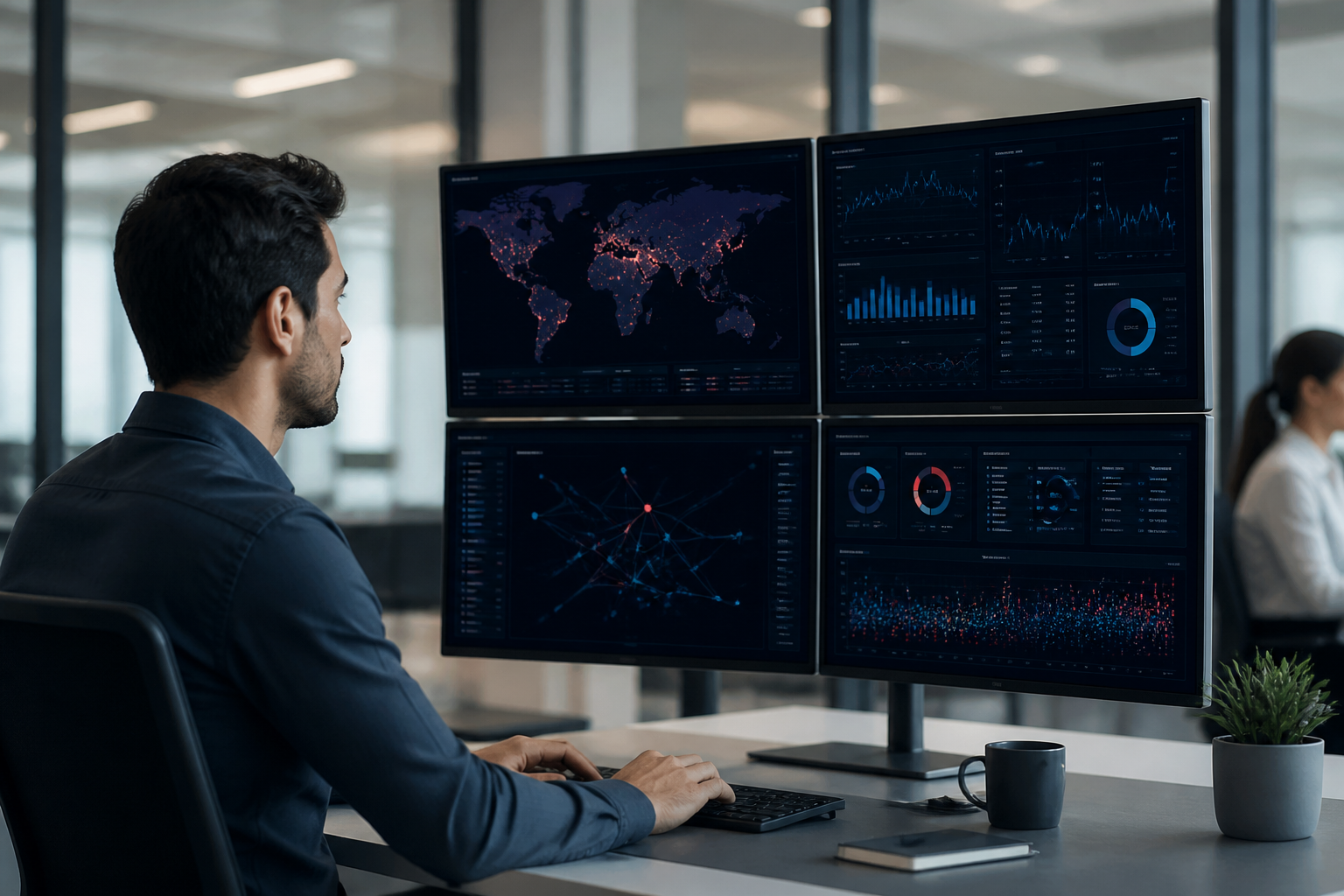 Cybersecurity dashboard showing active threat monitoring in a business setting