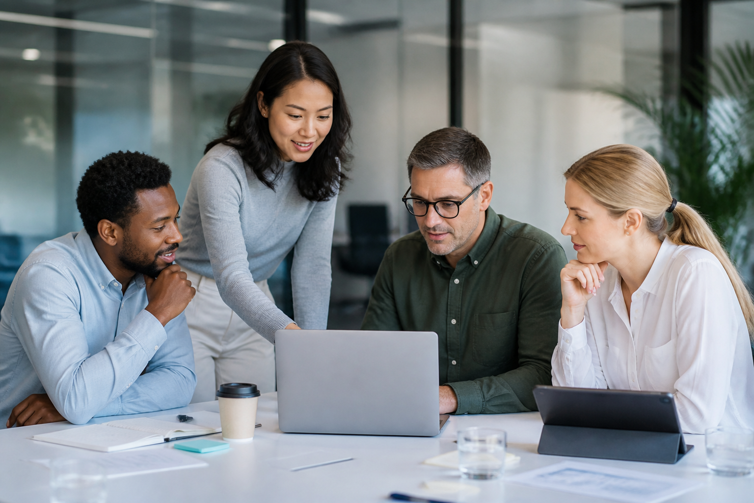 Diverse business team collaborating with technology in a modern office
