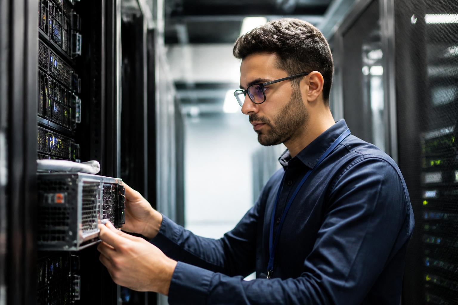 IT professional examining server components in a data center