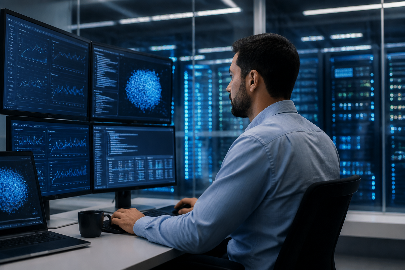 IT professional monitoring multiple screens in a data center