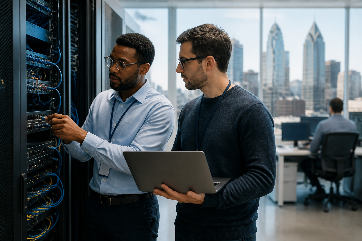 IT professionals collaborating on network infrastructure in Charlotte
