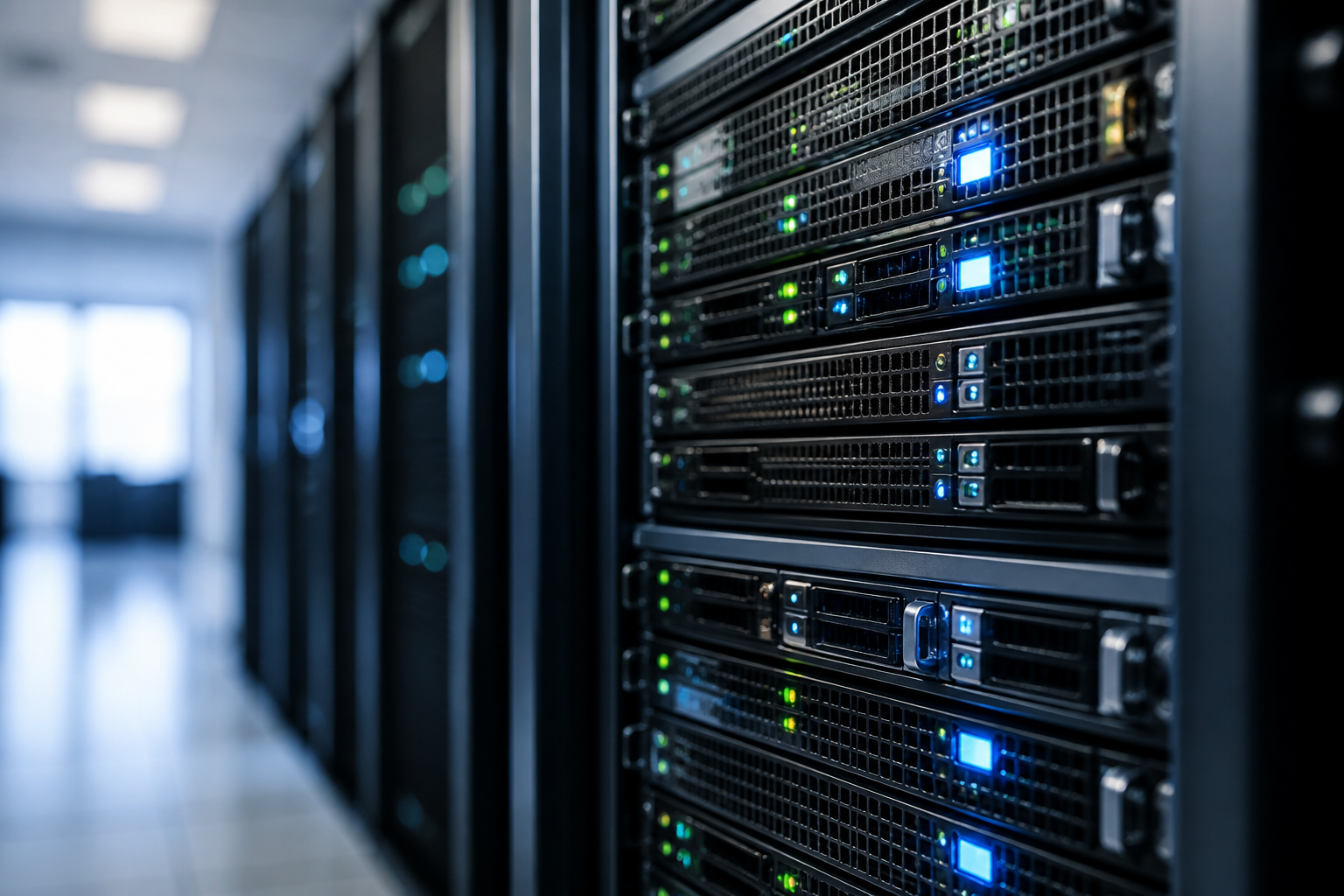 Server rack with various lights indicating activity and health