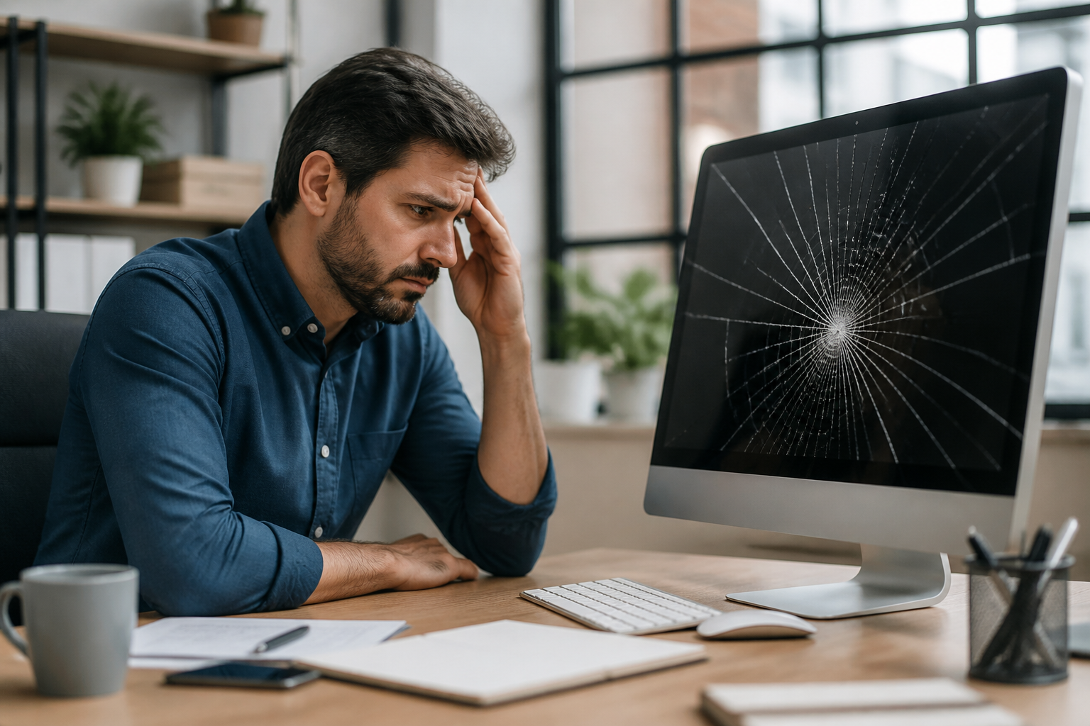 Small business owner looking stressed at a broken computer screen